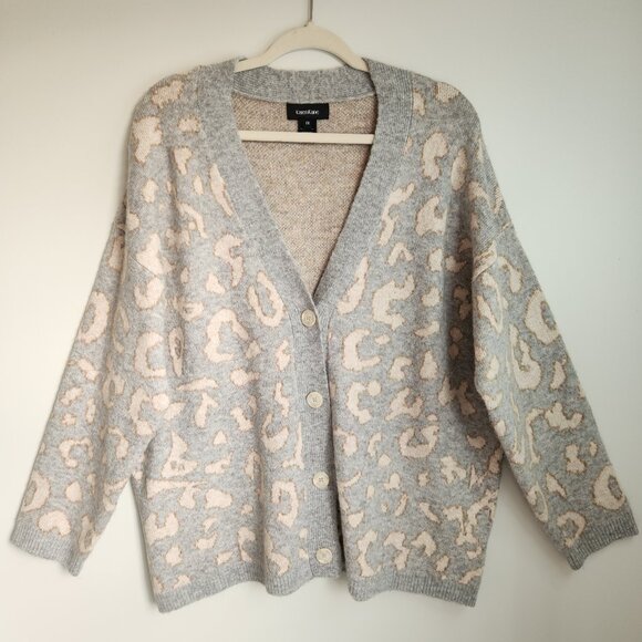 Karen Kane Leopard Print Button Front Cardigan Sweater Gray Beige OX